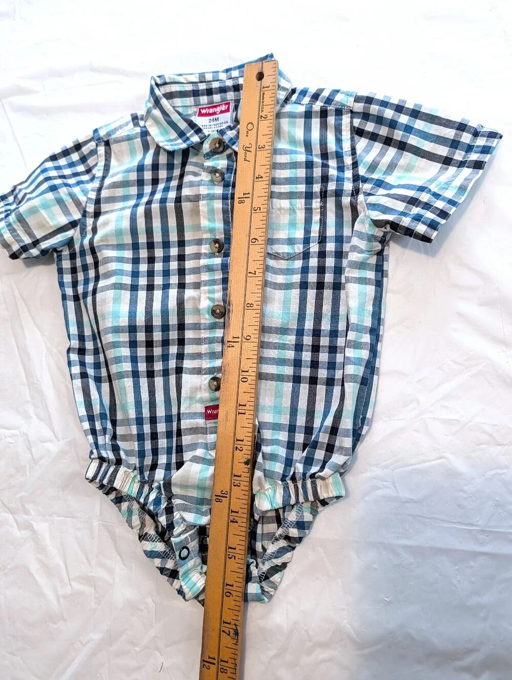 Wrangler Blue Plaid Cotton Woven Collared One-Piece Bodysuit 24M Short Sleeve